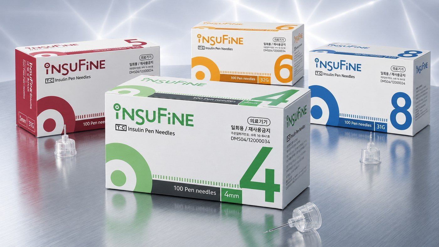 Insufine insulin pen needle boxes in 4mm, 5mm, 6mm, and 8mm sizes