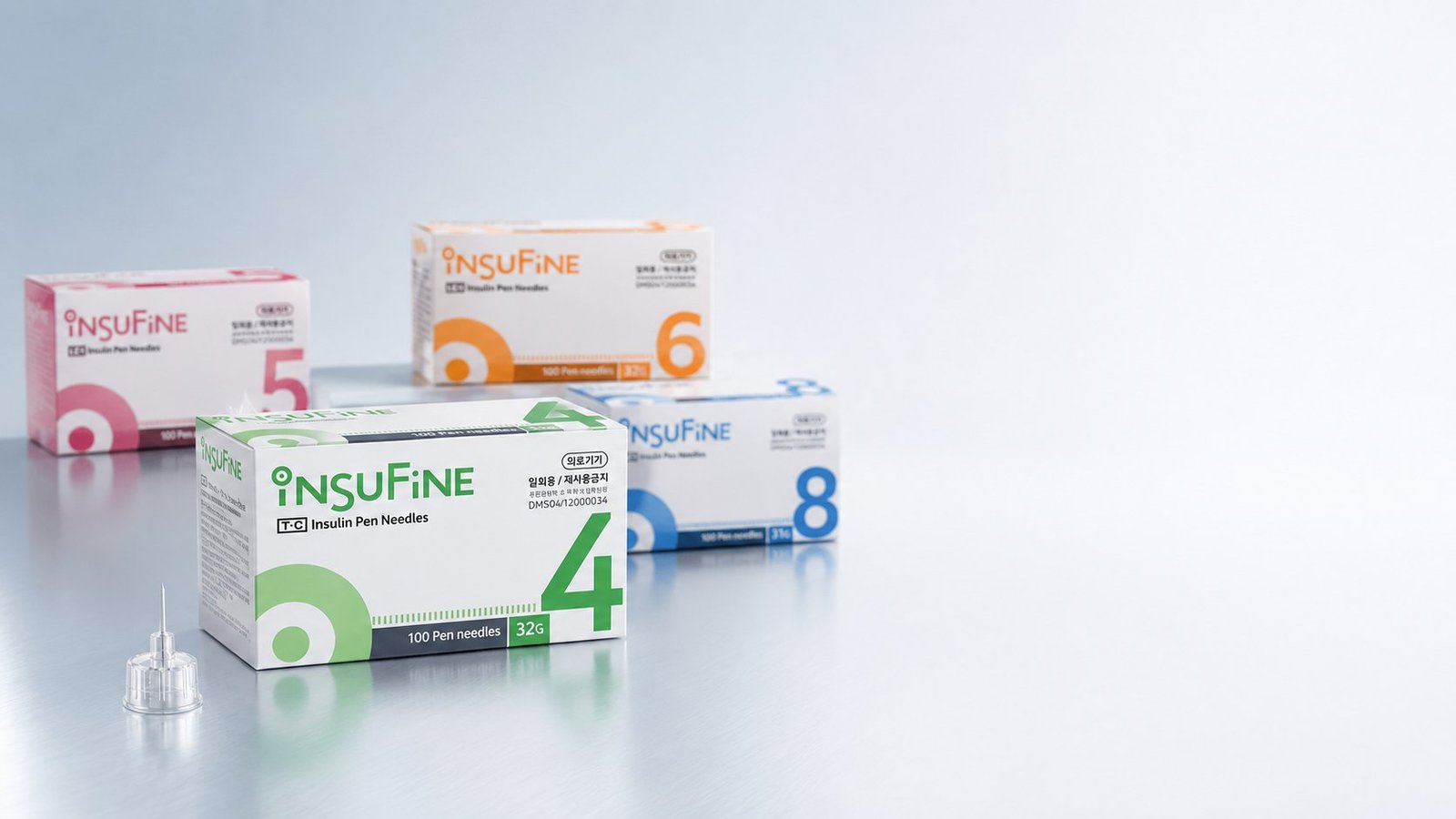 Insufine insulin pen needle boxes in 4mm, 5mm, 6mm, and 8mm sizes with loose pen needles