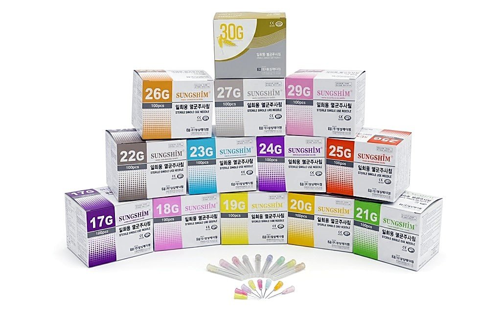 Sungshim single-use needle gauge boxes with color-coded needles