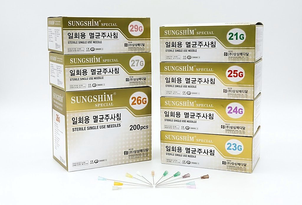 Sungshim Special long single-use needle boxes, 21G to 29G, 200 pcs, with long needles